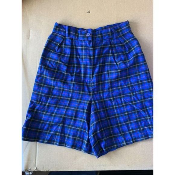 VINTAGE WOOL HIGH WAISTED PLAID SHORTS Tracy Evans Blue Plaid High Waisted Short - Picture 1 of 3